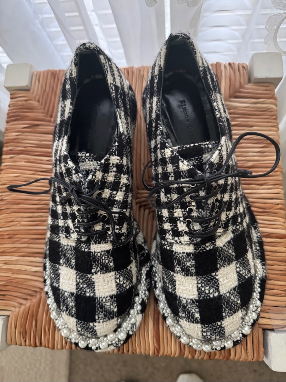 Black & White Plaid Lace-Up women's Shoes with Pearl Trim